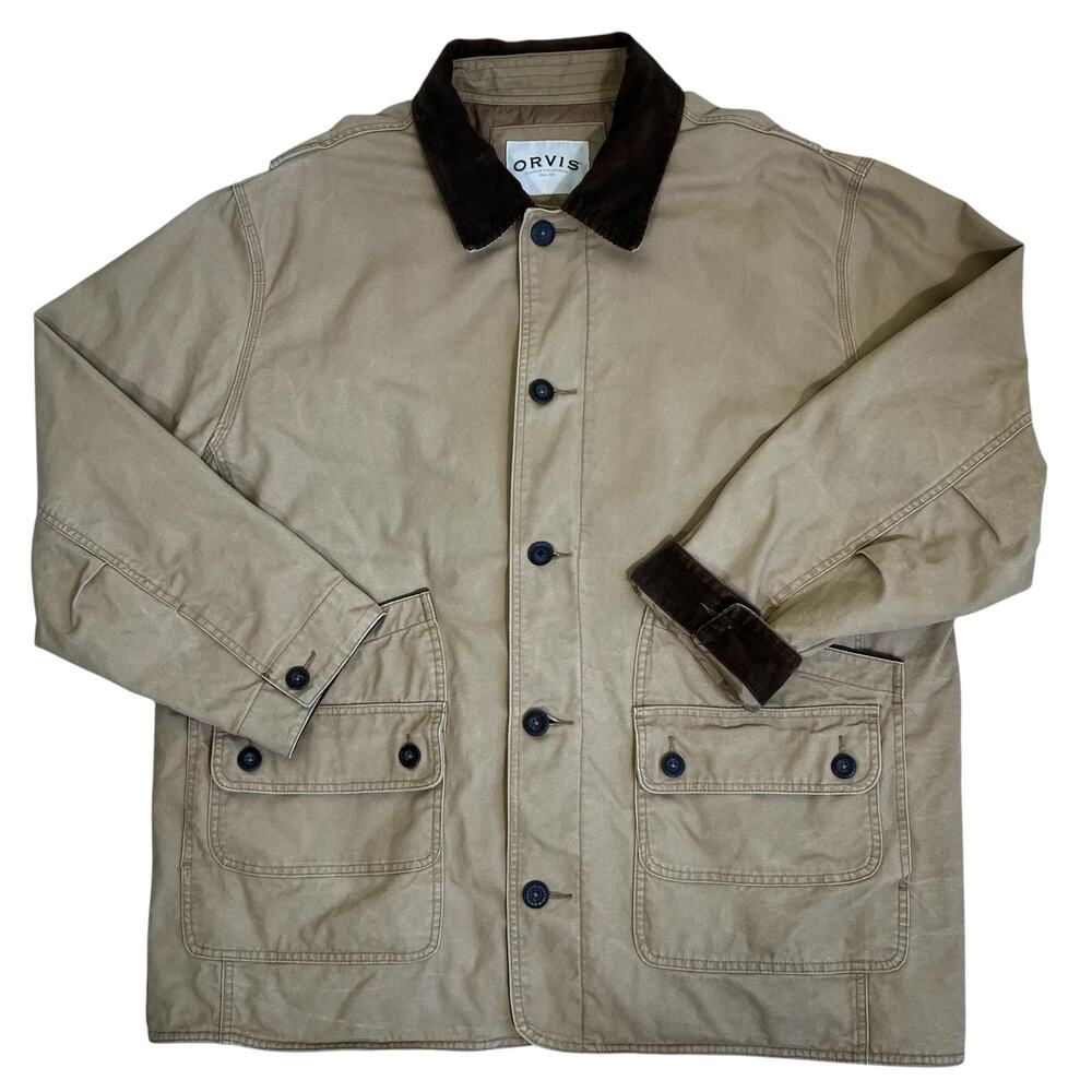 Orvis Mens XXL Barn Coat Chore Jacket Tan Corduroy Collar Quilted Lining Stains